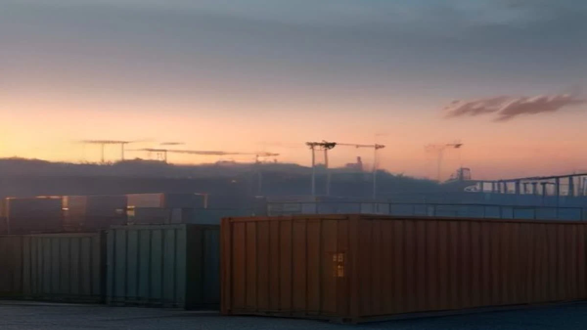 medium shot of a shipping container yard at golden hour with cranes in the background, overcast diffused light (illustrative image)